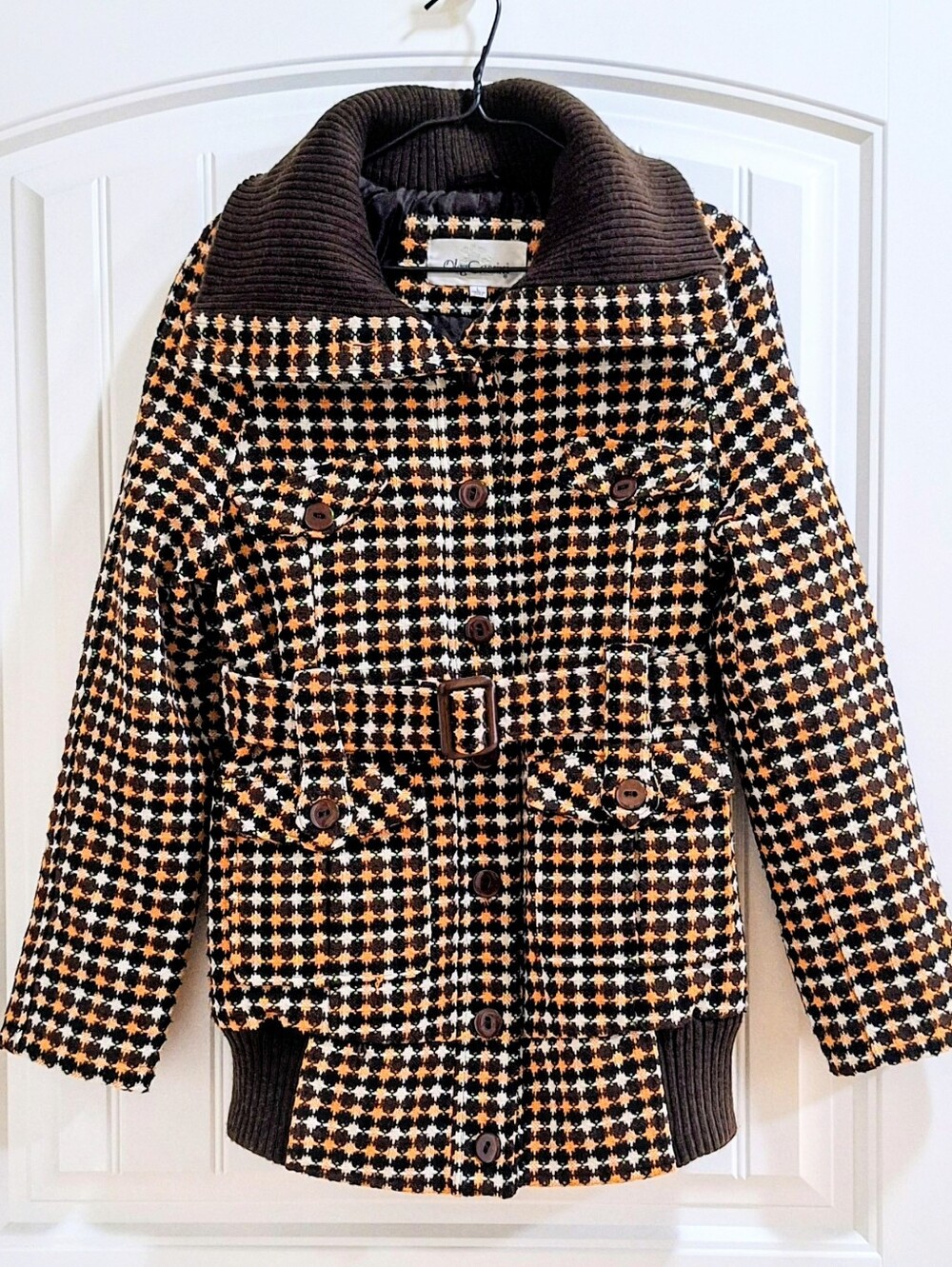 EUC Oleg Cassini Plaid Wool Blend Belted Jacket Coat Womens Size L 4-Pocket